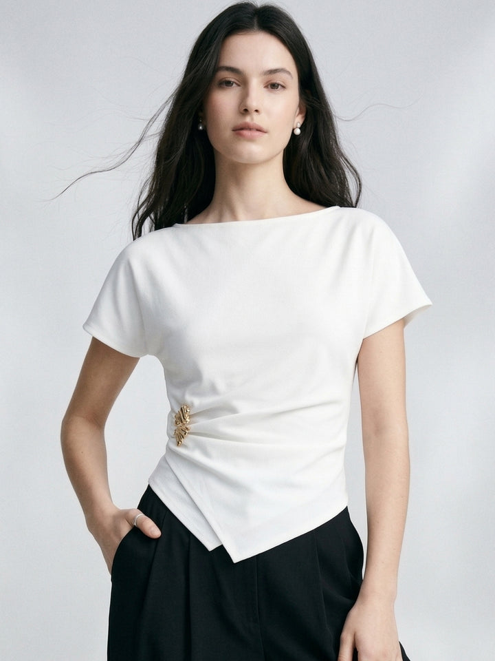 White Boat Neck Side Ruched Top With Metal Trim