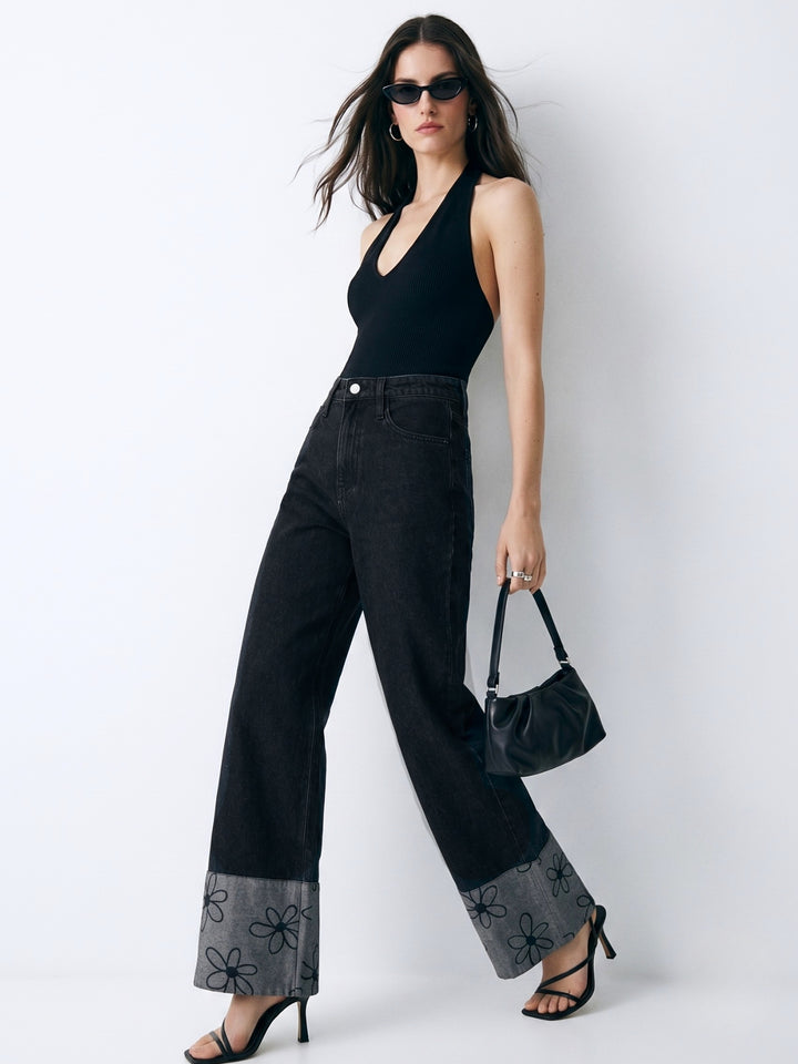 Black Dark Wash Printed Cuff Straight Fit Jeans