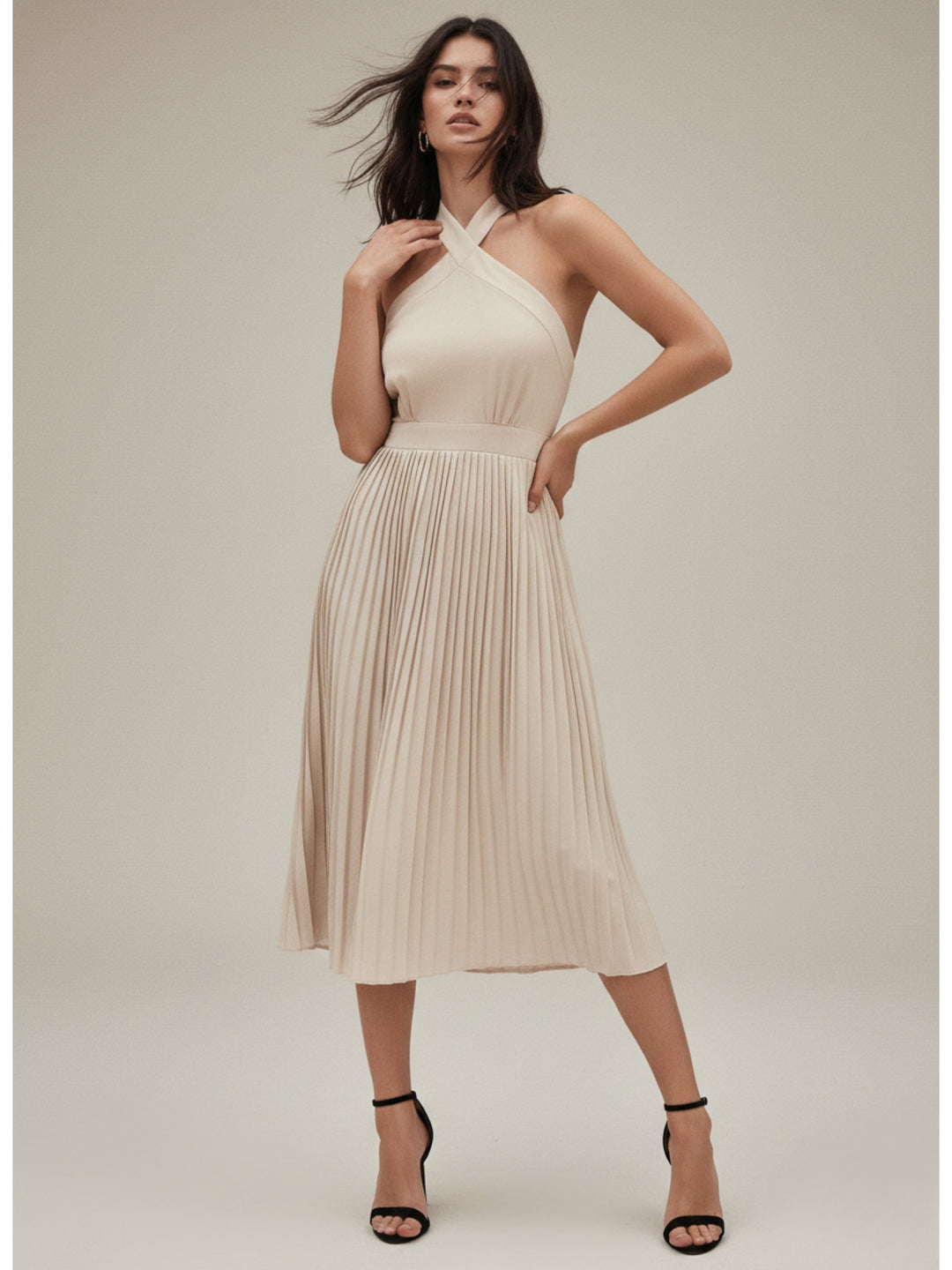 Cream Cross Halter Flared Dress