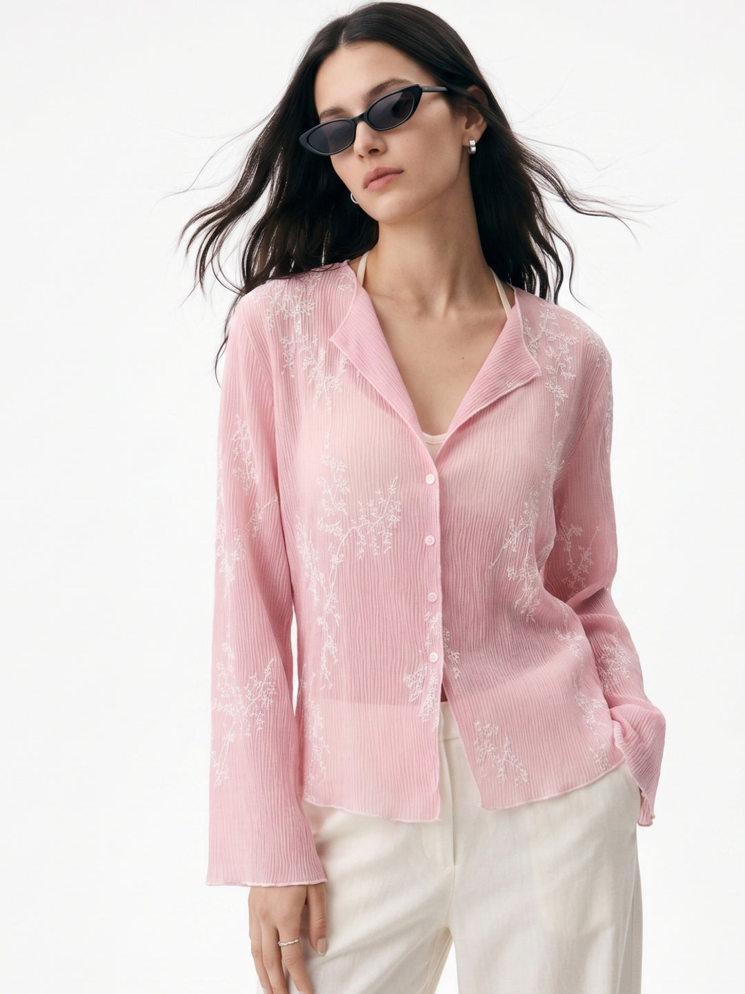 Pink Sheer Floral Lace Shirt