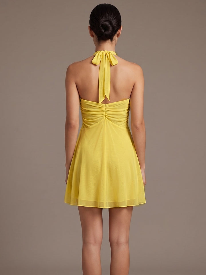 Yellow Halter Neck Cinched Waist Dress With Ruffle Hangings