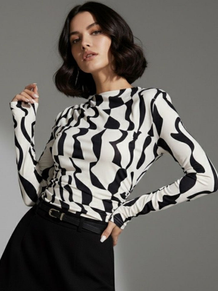 Off White Full Sleeve High Neck Printed Top