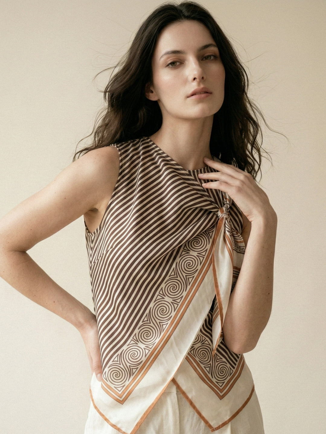 Multi Striped Scarf-Print Sleeveless Top With A Front Tie Detail