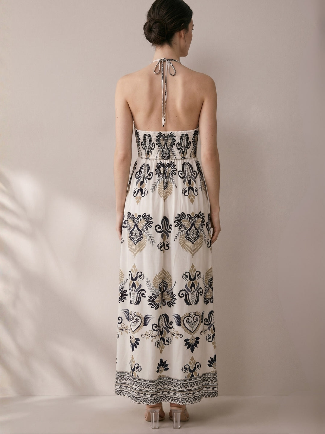 Off White Halter Neck V-Neck Printed Dress