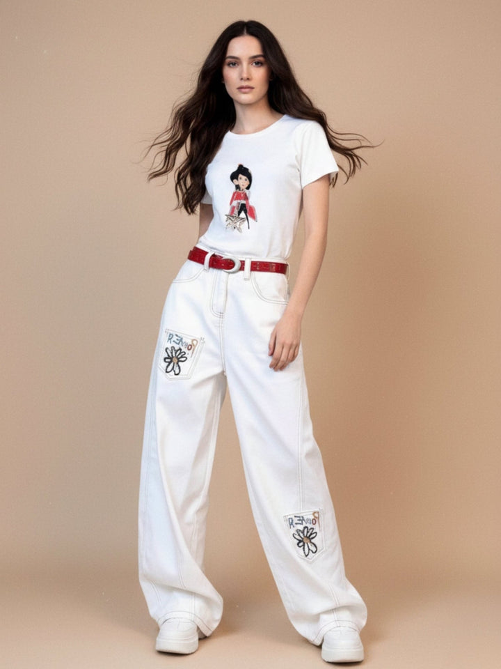 White High Waist Printed Jeans