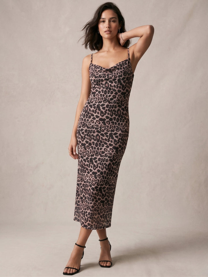 Brown Spaghetti Strap Printed Dress