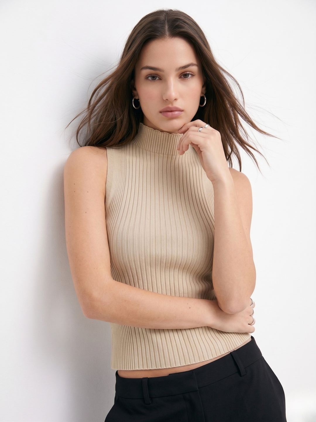 Khaki High Neck Solid Basic Tank