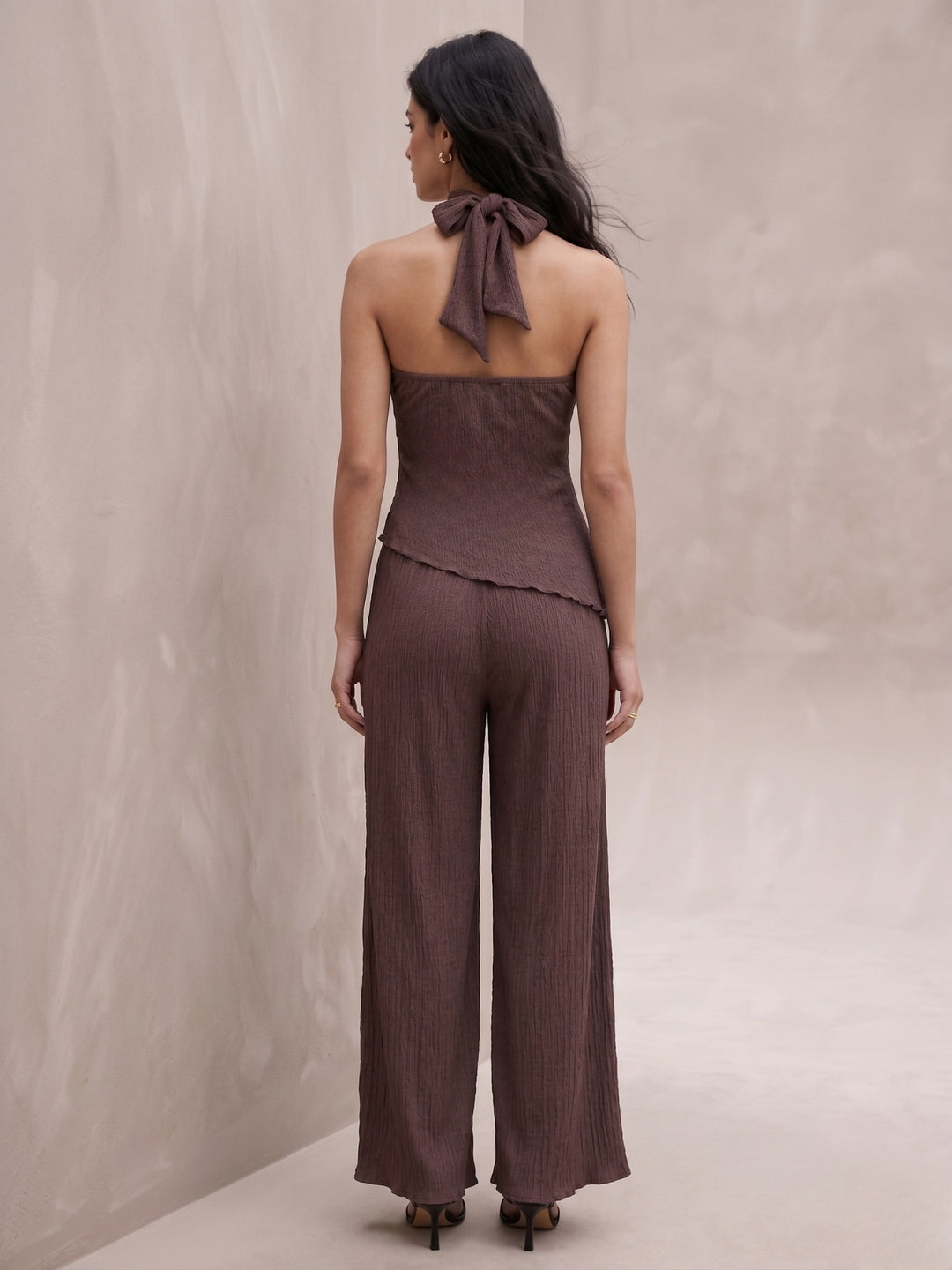 Brown Halter Neck Top And Wide-Leg Trouser Set
