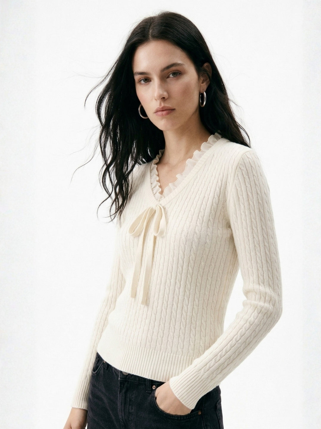 white Full Sleeve Lace Details Front Bow Top