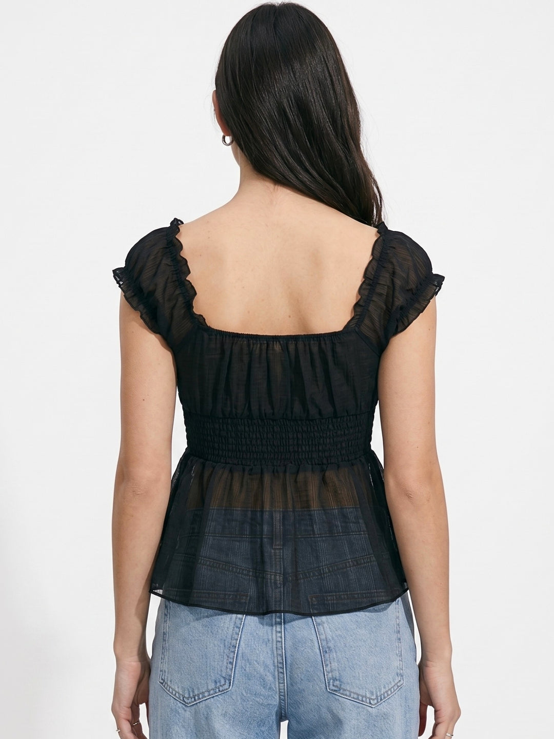 Black Square Neck Puff Sleeve Top With Centre Bow Detail