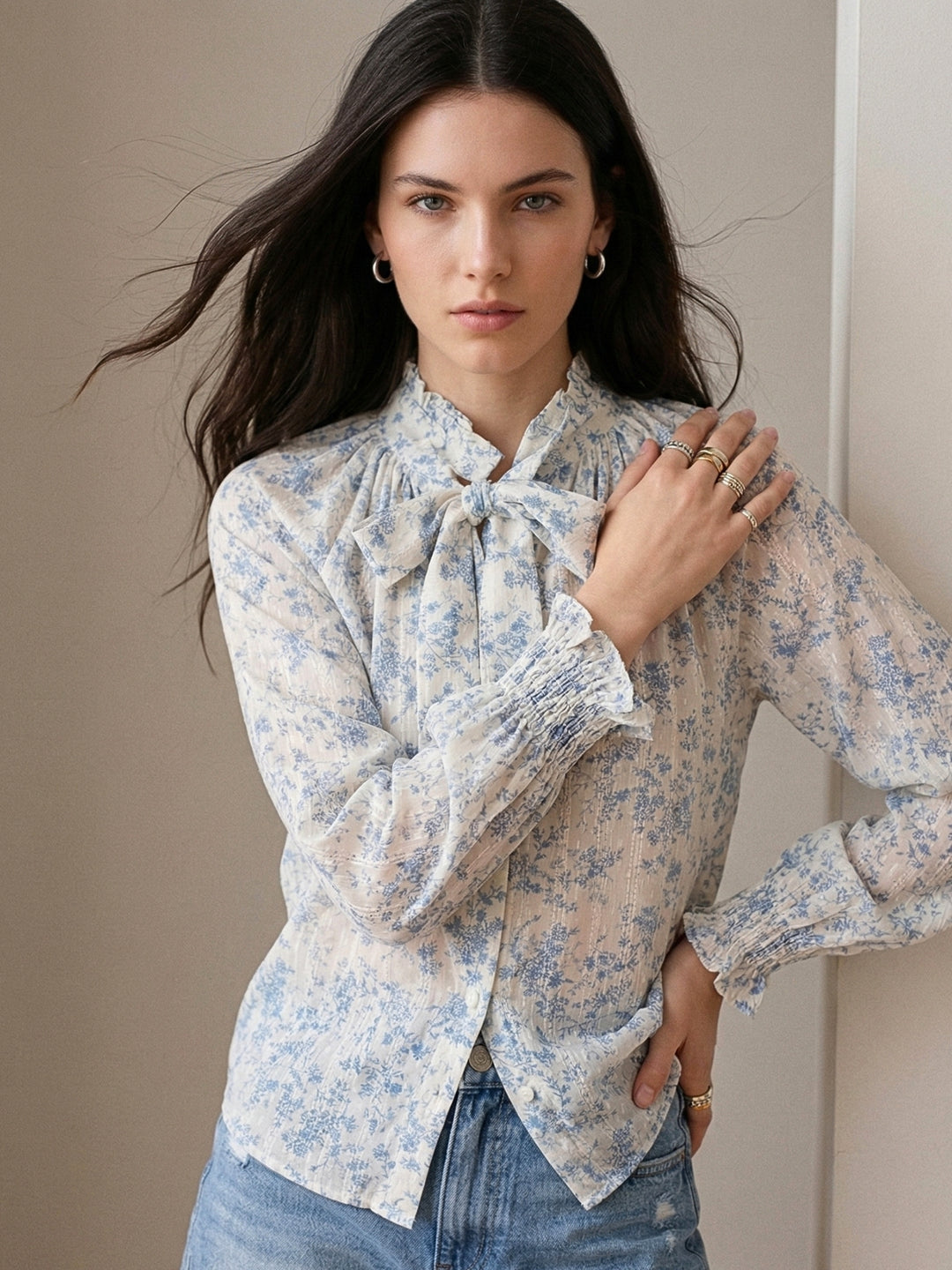 Blue Printed High Neck Top With Tie Up Detail