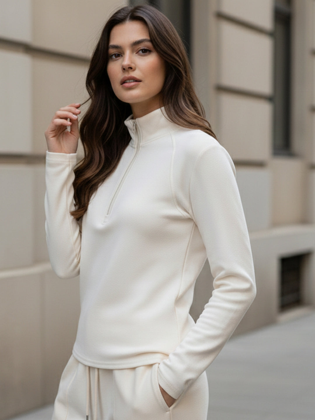 Cream Full Sleeves Half Zip Sweatshirt