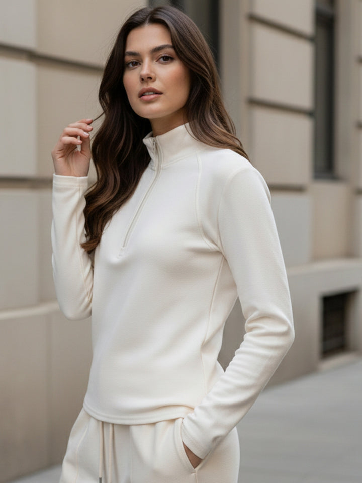 Cream Full Sleeves Half Zip Sweatshirt