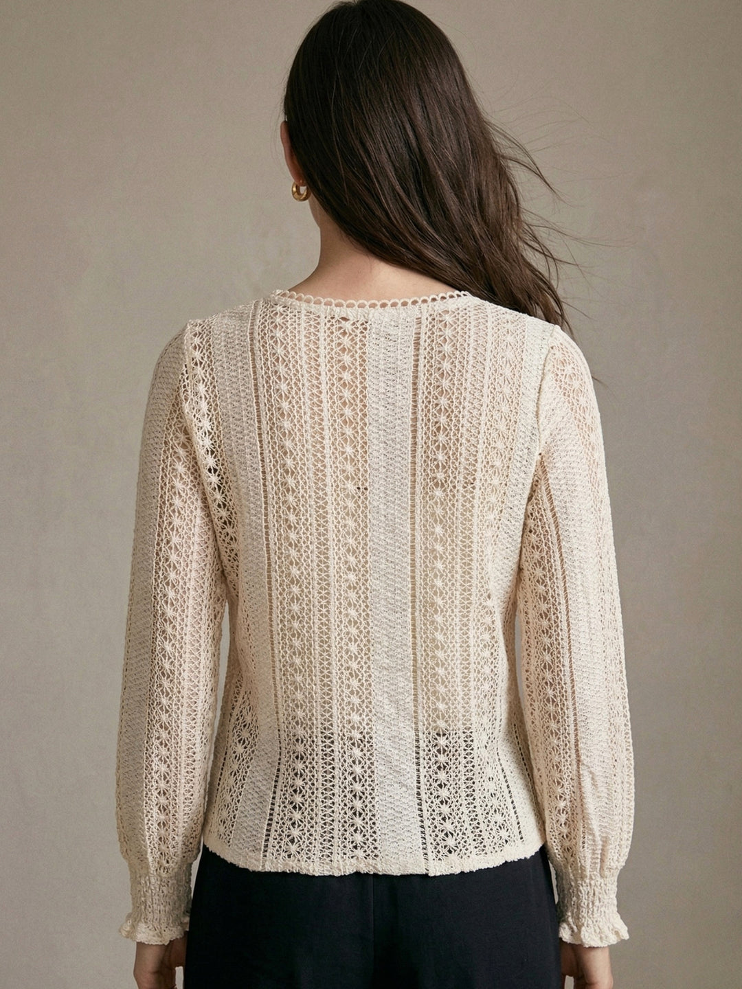 Cream Bishop Sleeve V Neck Textured Top