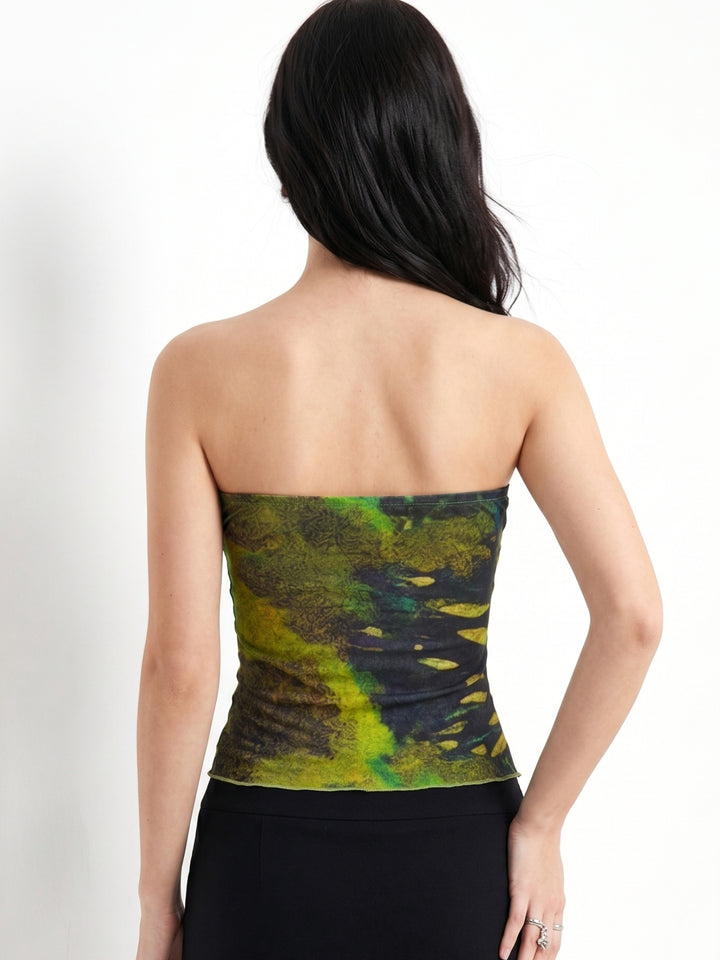 Green Printed Tube Top With Metal Trim And Key Holes