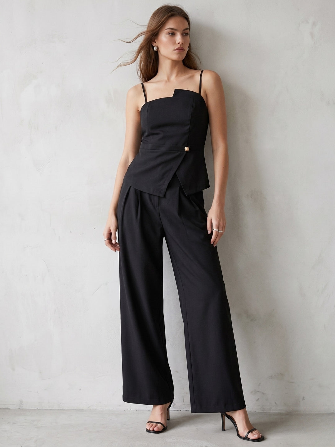 Black Fitted Metal Trim Top And Pant Set