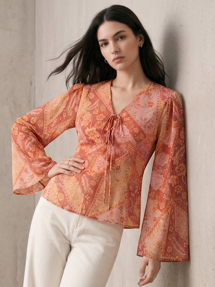 Multi Floral Print Blouse With Eye Let Details At Front