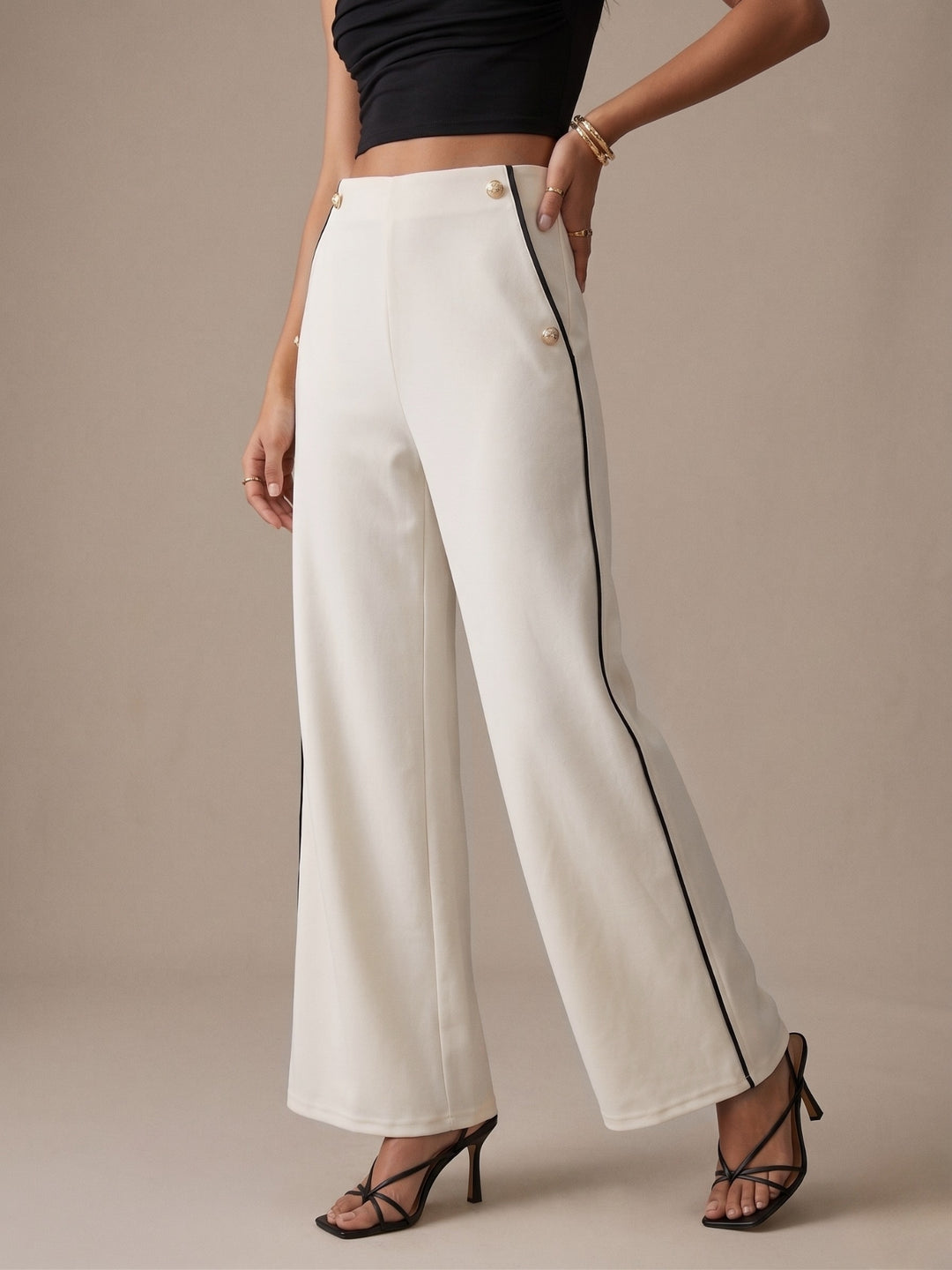 White Contrast Trim Wide Leg Trousers