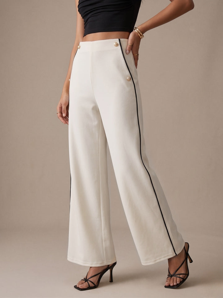 White Contrast Trim Wide Leg Trousers