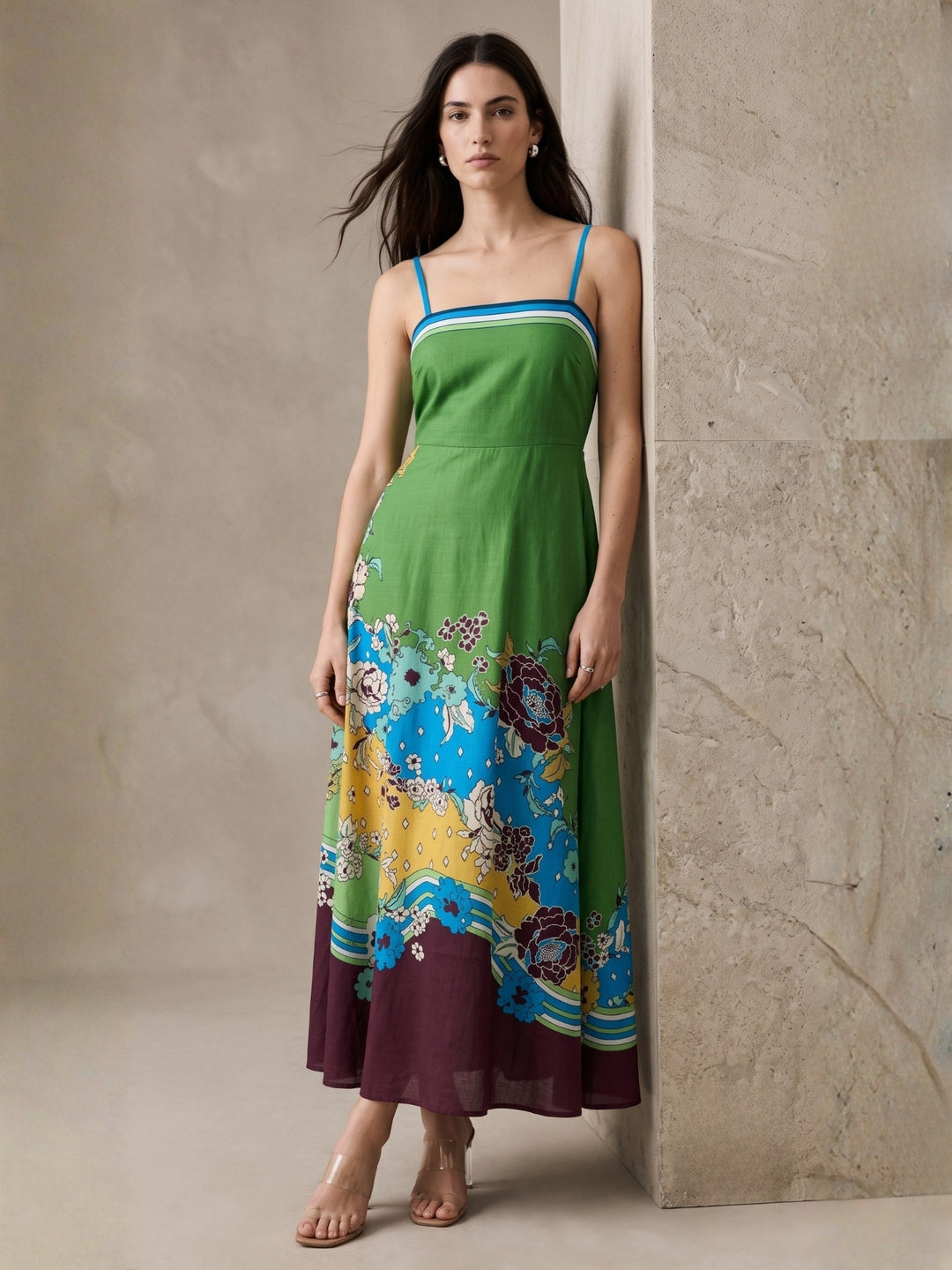 Green Spaghetti Strap Floral Printed Dress