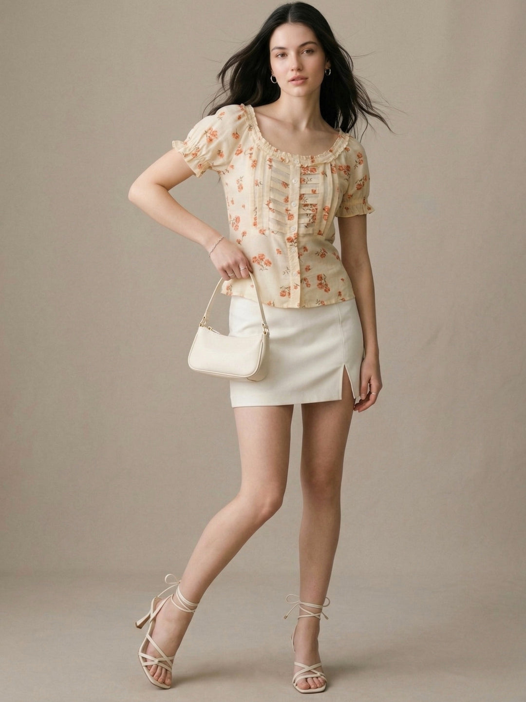 Butter Yellow Printed Square Neck Pleated Puff Sleeves Blouse