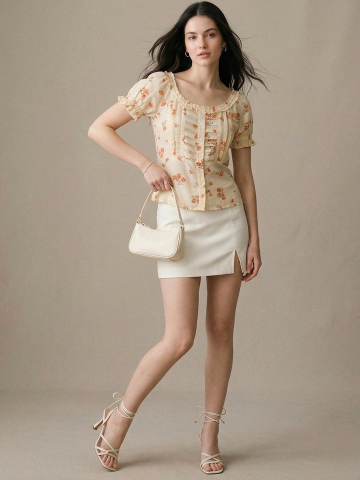 Butter Yellow Printed Square Neck Pleated Puff Sleeves Blouse