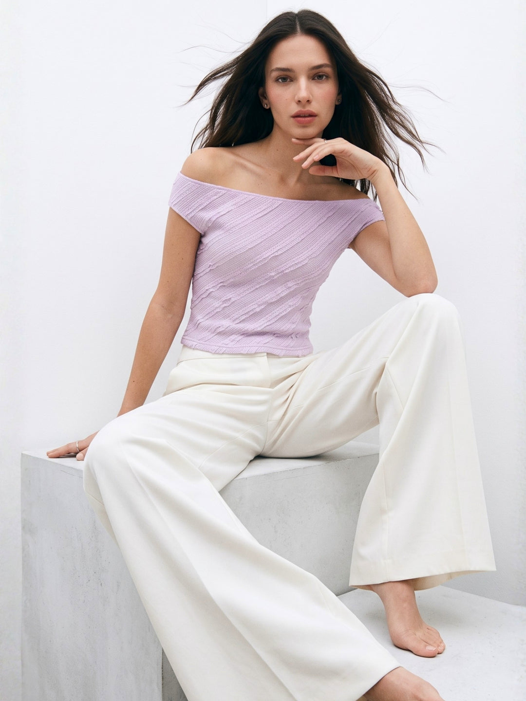 Lavender Off Shoulder Frill Textured Top