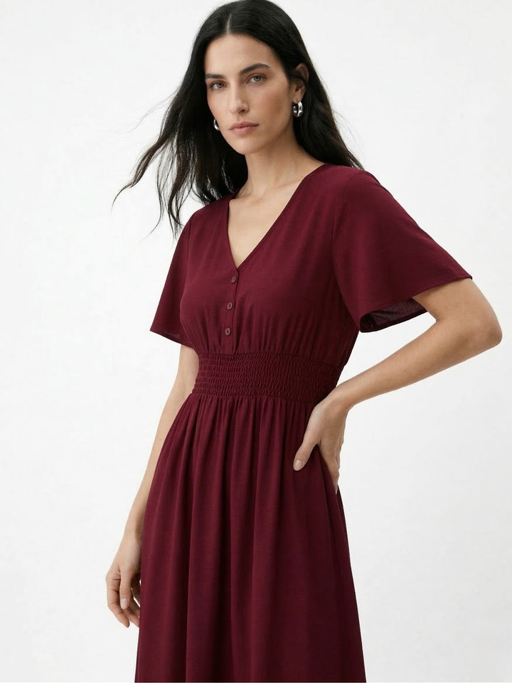 Maroon Ruffle  Sleeve Tiered Dress