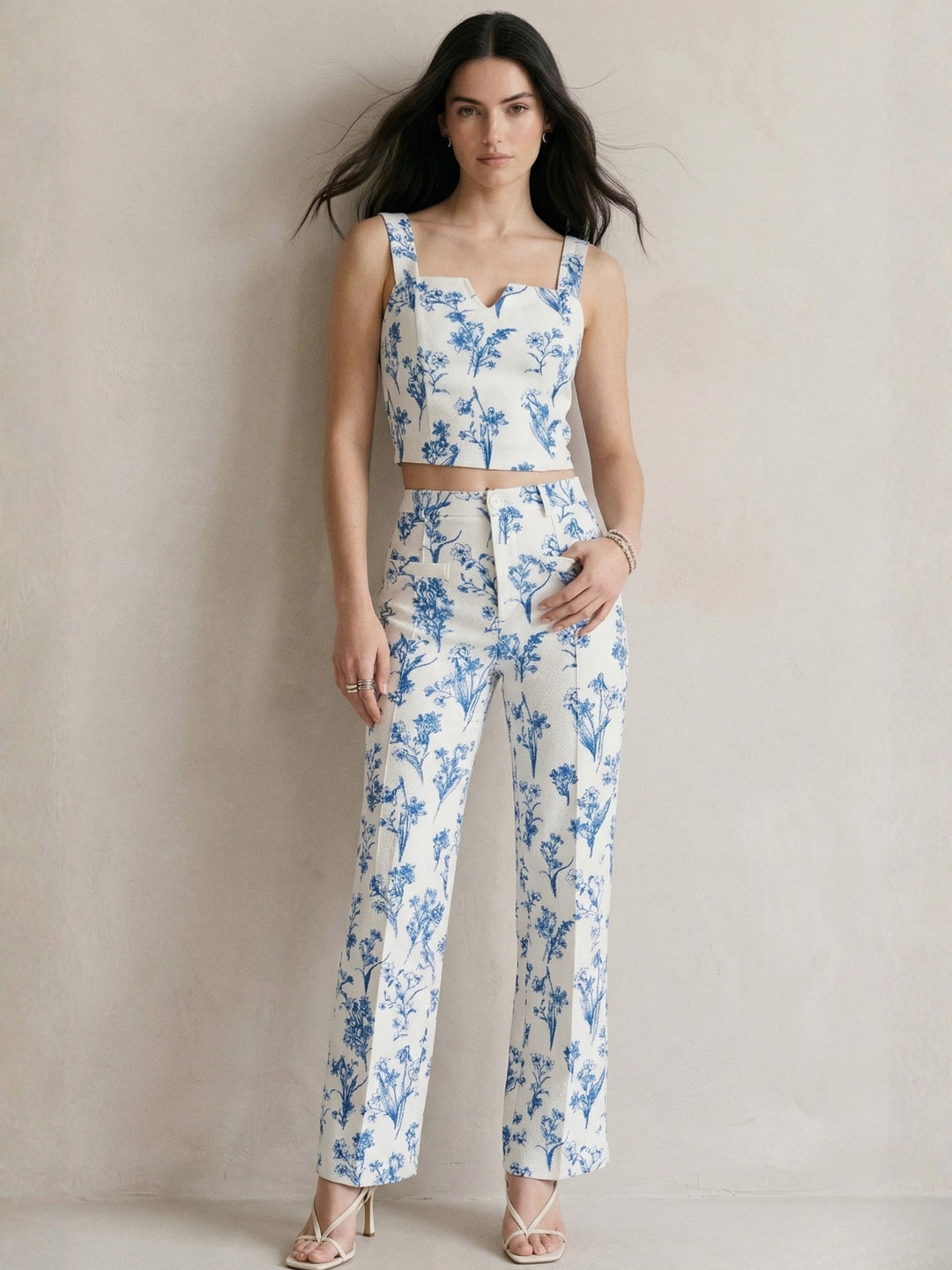 Blue Shoulder Strap Printed Top And Pant Set