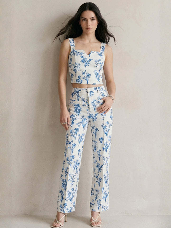 Blue Shoulder Strap Printed Top And Pant Set