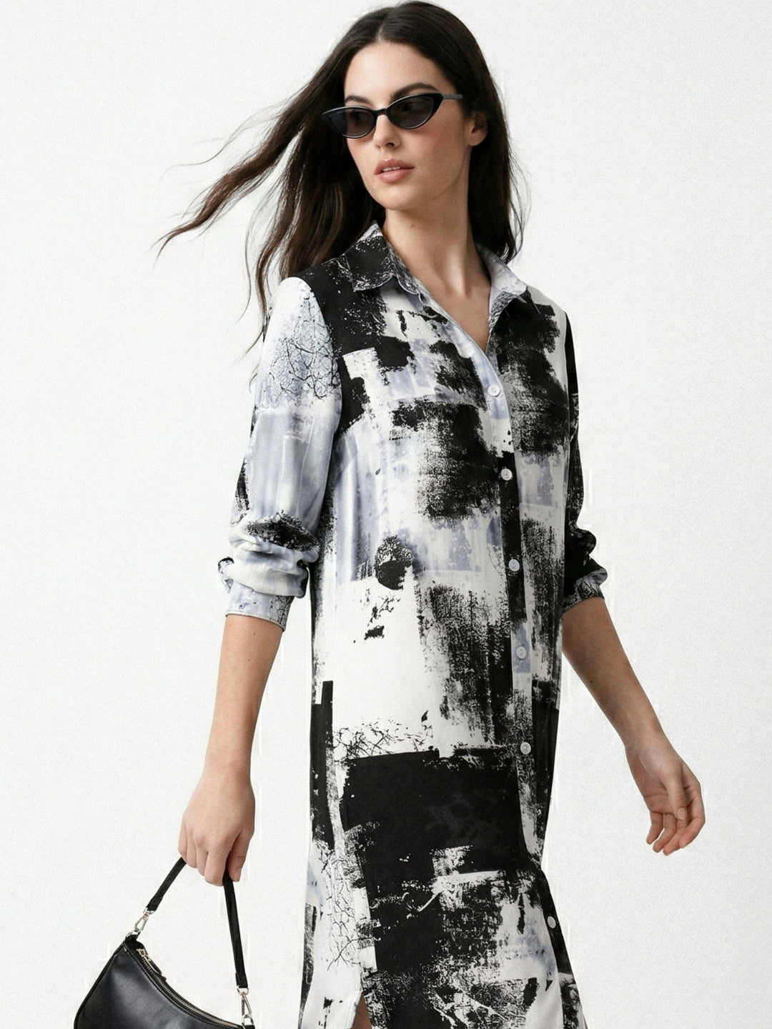 Black Typographic Button Down Shirt Dress