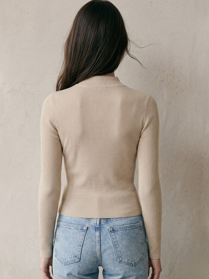 Beige Full Sleeve High Neck Fitted Tops