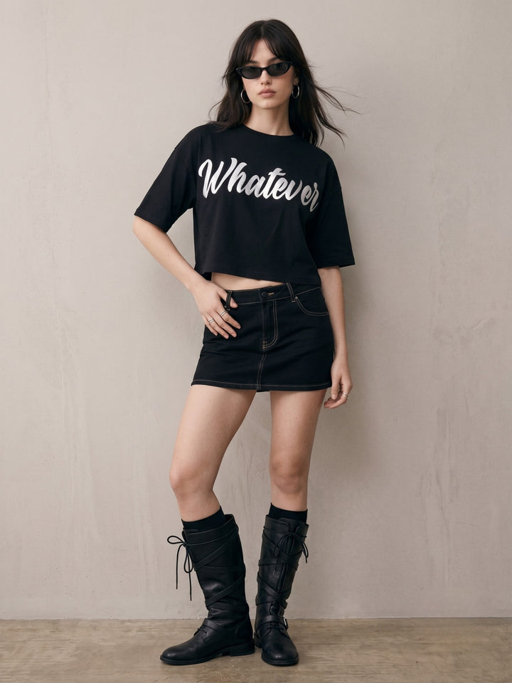 Black Cropped Boxy T-Shirt With Hd Foil Printed Graphic