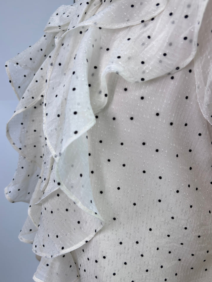 Off White Bow Tie-Up Polka Printed Top