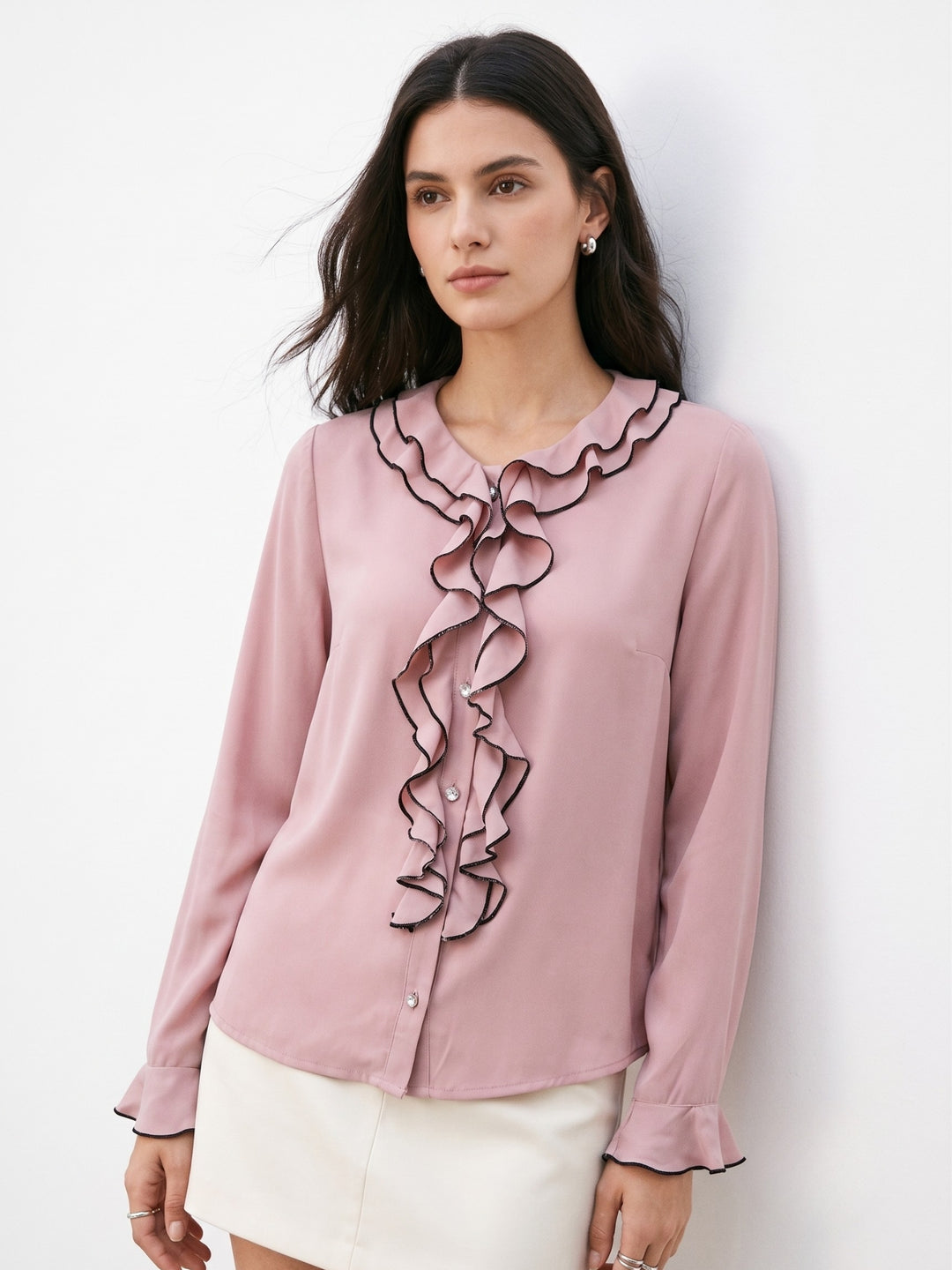Pink Bell Sleeve Ruffle Collar Placket Shirt