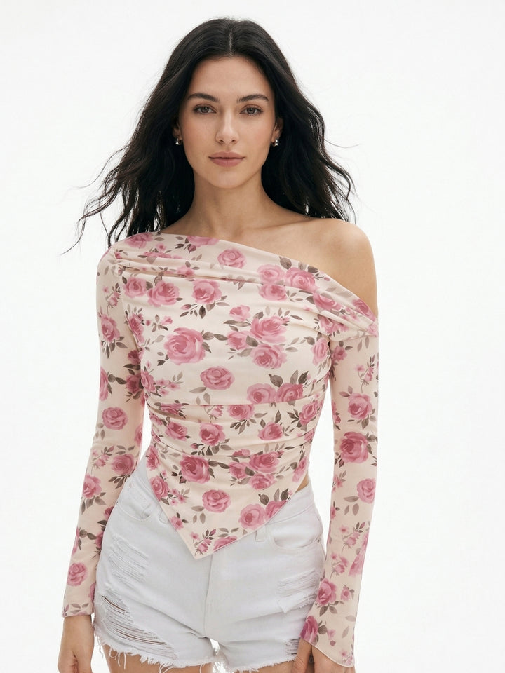 Pink Off-Shoulder Floral Printed Fitted Top