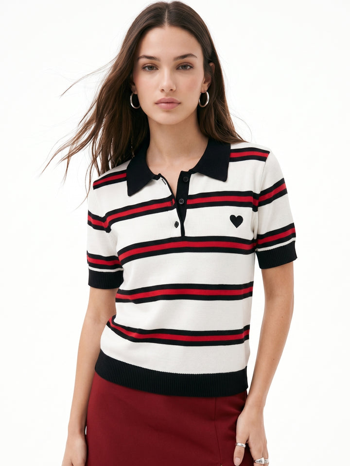 Multi Striped Collared Polo Top With Small Heart Graphic