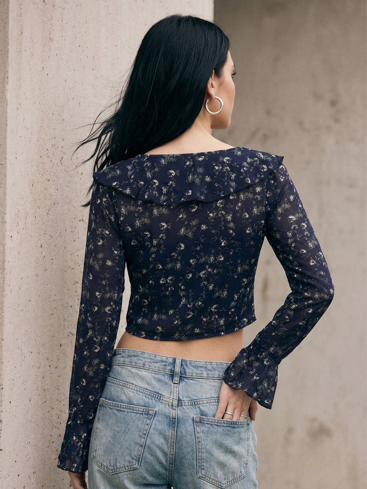Navy Blue Printed Ruffled Neck Blouse