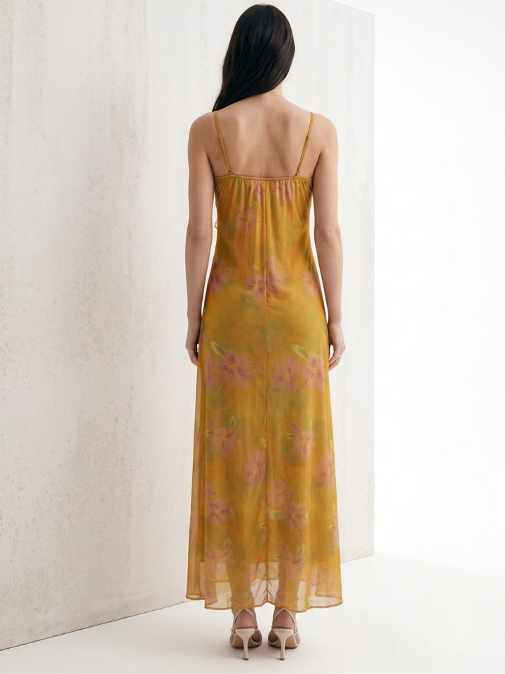 Mustard Plunge Neck Printed Ruffled Dress