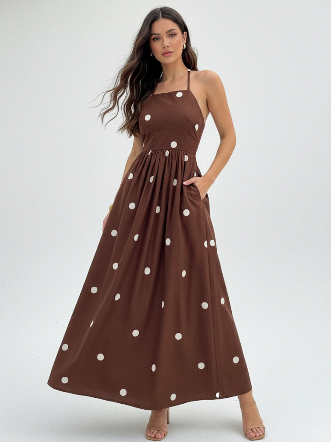 Brown Polka Printed Flared Dress