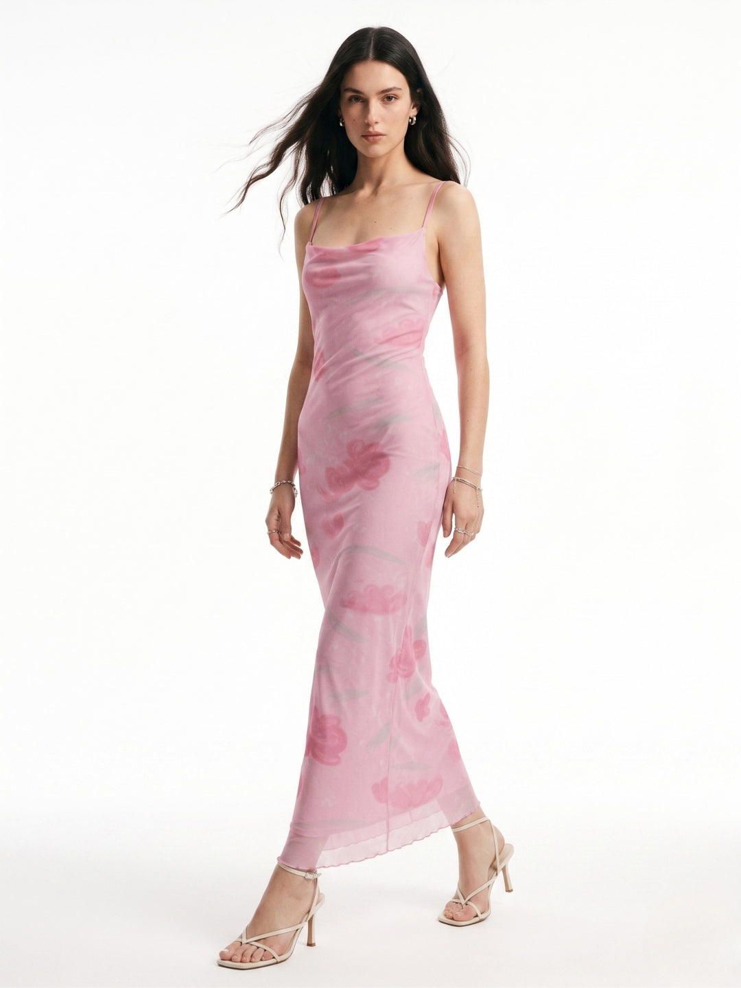Pink Spaghetti Strap Floral Printed Dress
