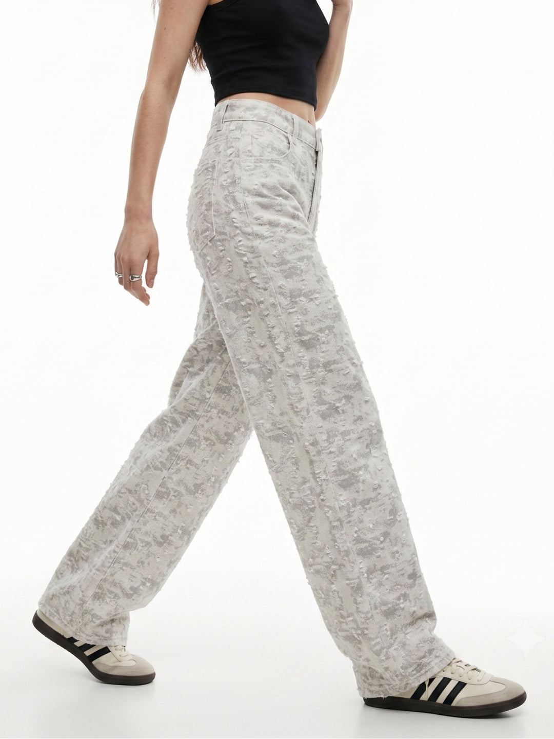 Off White High Waisted Textured Baggy Jeans