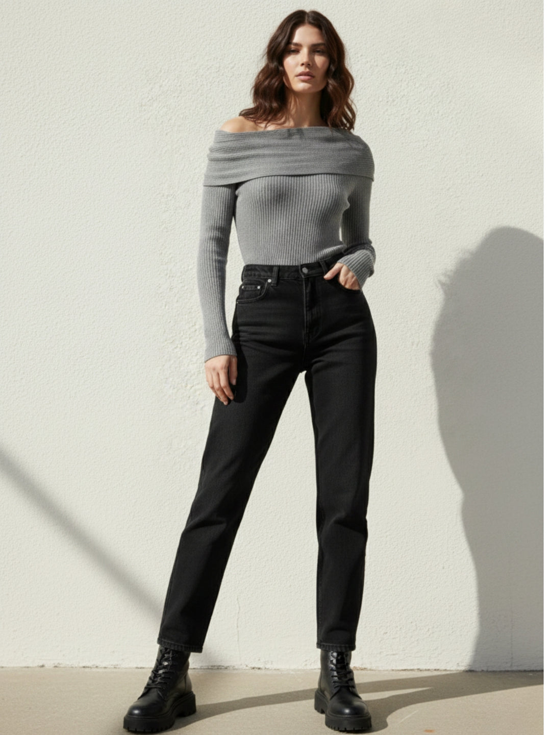 Charcoal Off Shoulder Full Sleeve Top
