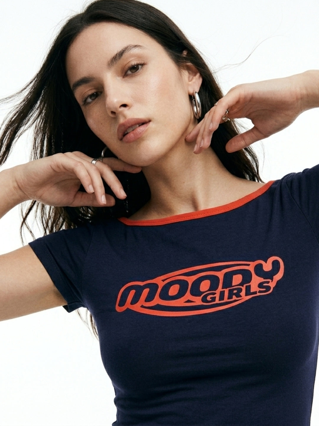 Navy Blue Contrast Neck Binding Boat Neck Graphic T-Shirt
