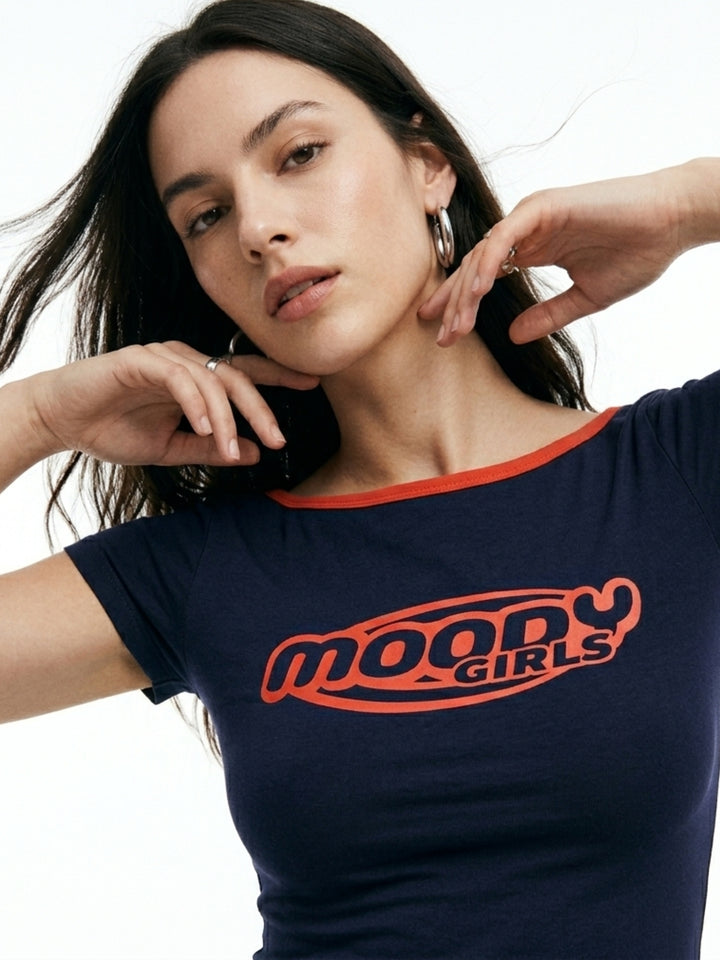 Navy Blue Contrast Neck Binding Boat Neck Graphic T-Shirt
