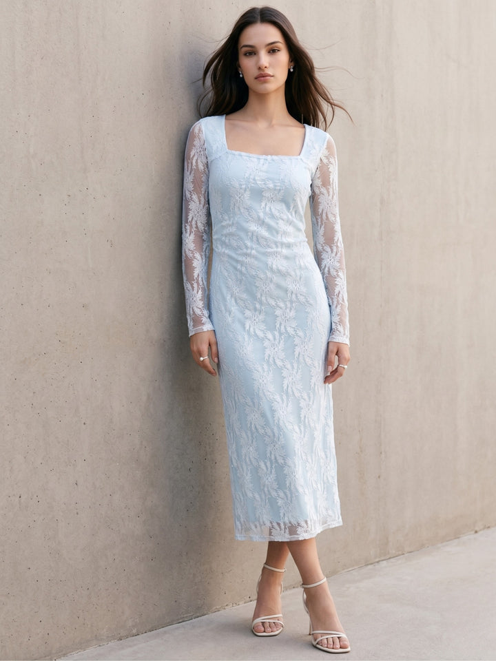Blue Full Sleeve Square Neck Lace Dress