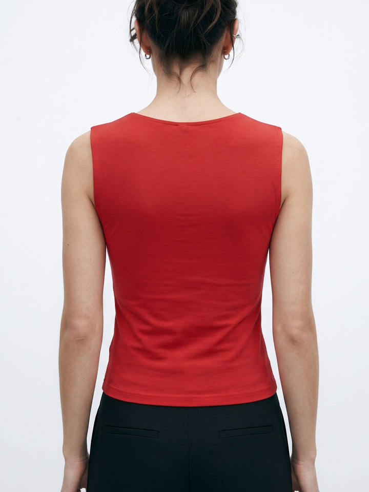 Red Asymmetric Neckline Top With Side Ruching
