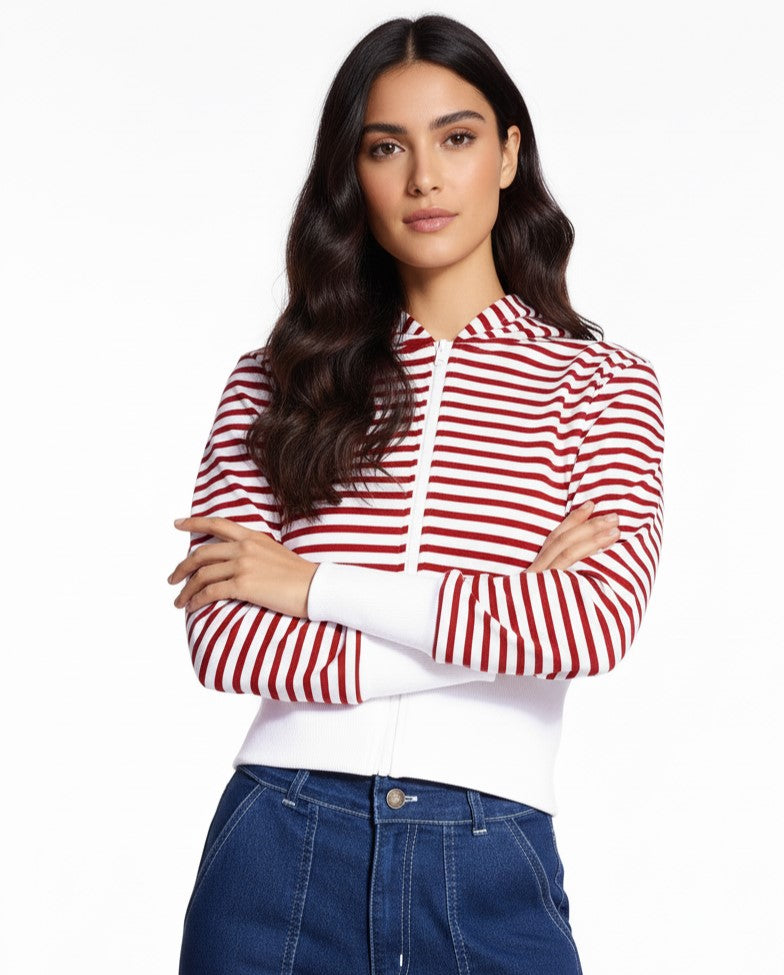 Red Full Sleeve Striped Hooded Jacket