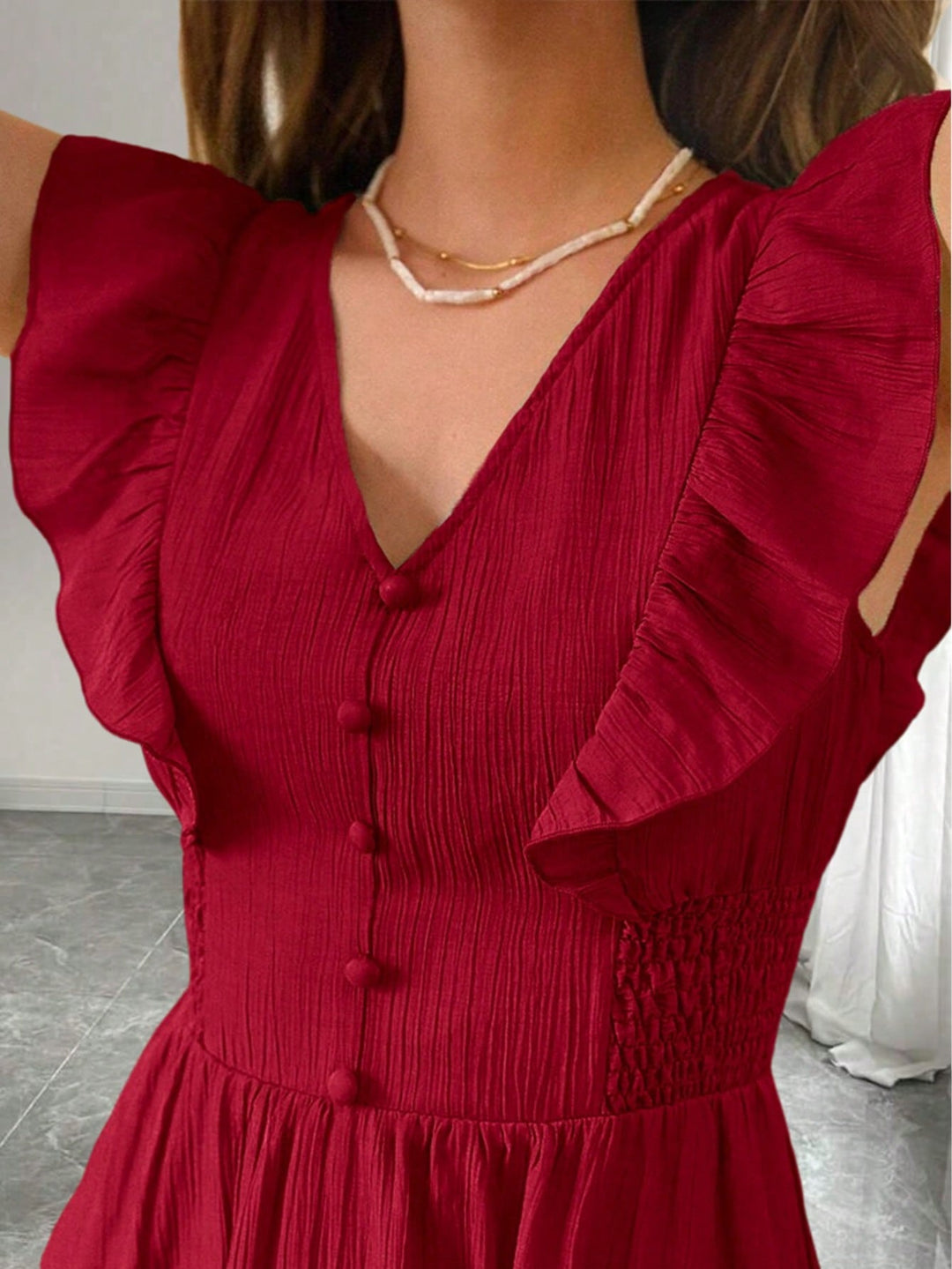 Red Ruffle Sleeve V-Neck Dress