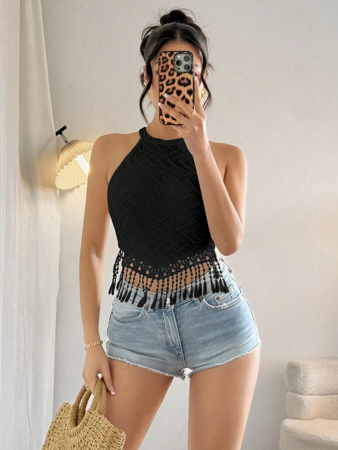Black Textured Knit Tassel Hanging Top